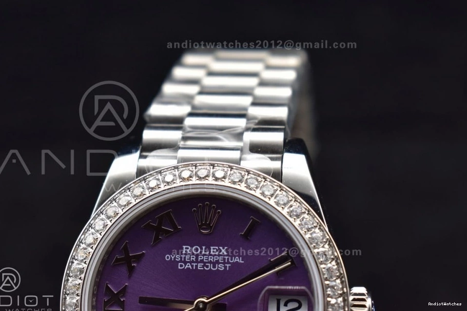 278289 President Purple Steel Diamonds DateJust Roman 552 Ladies Bezel Dial 316L BPF Contemporary on Markers Style 31 Bracelet 0512
